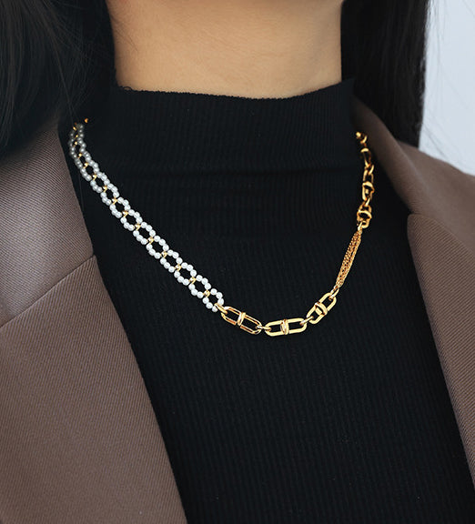 Asymmetrical Gold Chain Pearl Bead Necklace