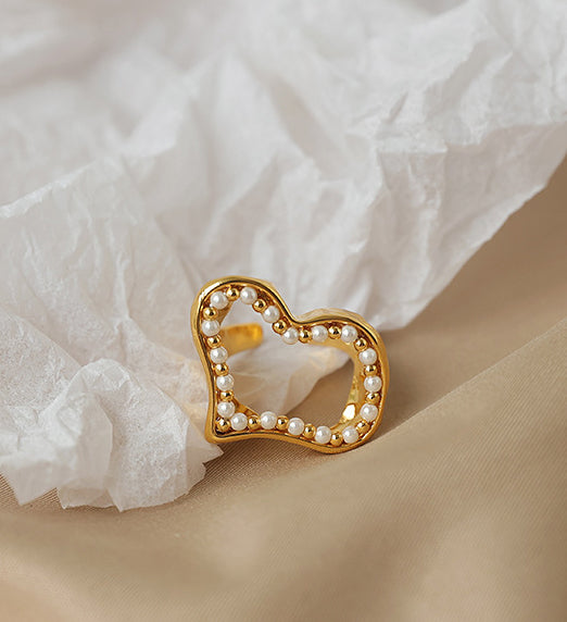 Abstract Heart Pearl Embellished Large Ring