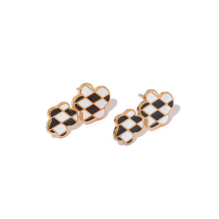 Checkered Double Cloud Stainless Steel Gold Plated Earrings