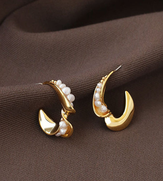 Asymmetrical Pearl Encrusted 18k Gold Twist Earrings