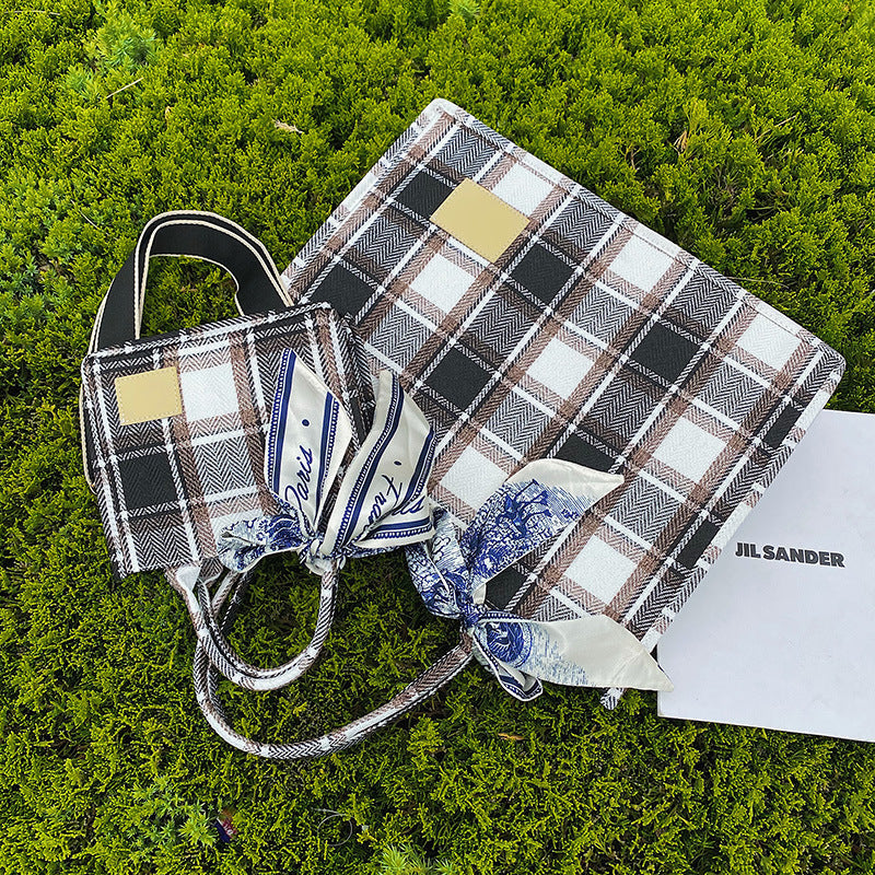Plaid Handbag with Ribbon