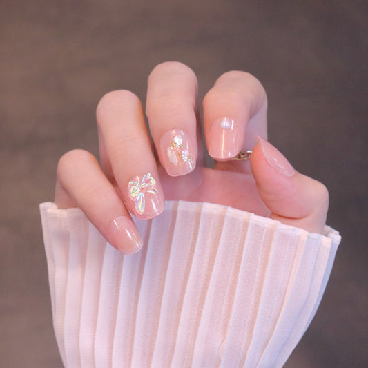 Short Squared Oval Light Pink Press On Nails with Iridescent Bow