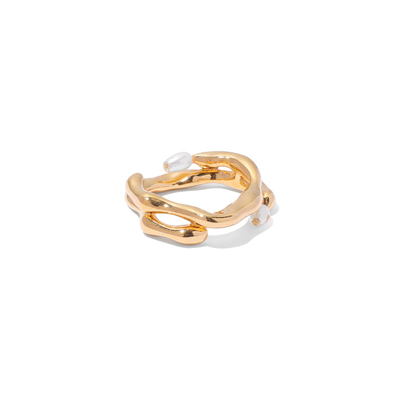 Uneven Double Layered Pearl Gold Ring