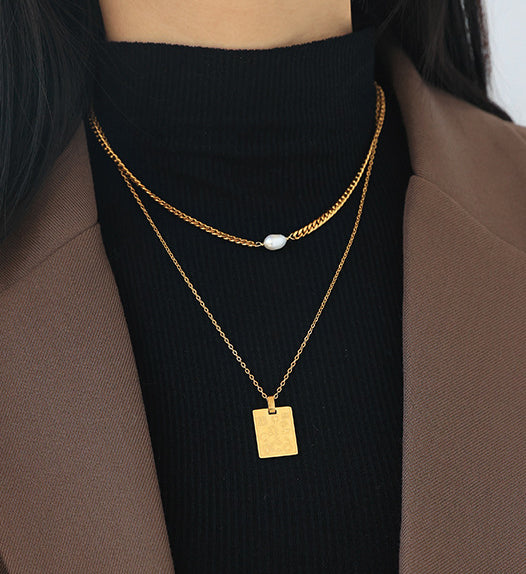 Square Embossed Pendant & Pearl Gold Necklace