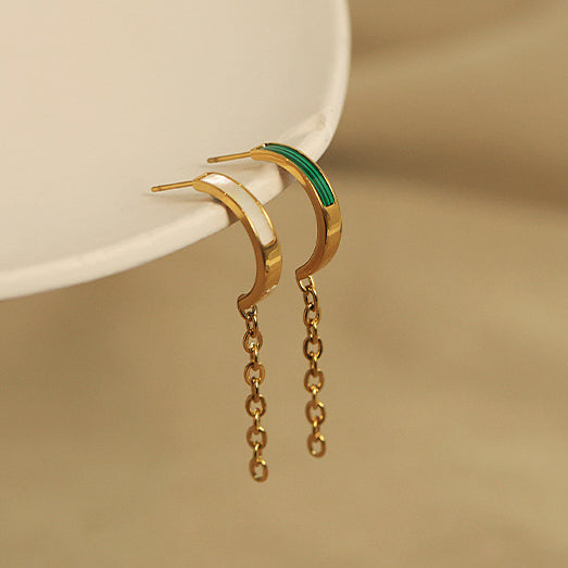 Retro Curve with Chain and Malachite or White Shell Earrings