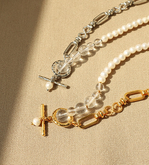 Asymmetrical Chain Pearl Slide-Through Clasp Necklace