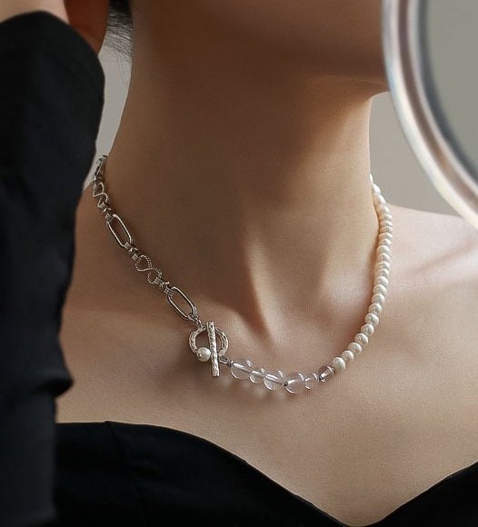 Asymmetrical Chain Pearl Slide-Through Clasp Necklace