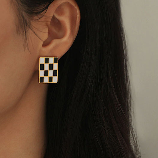 Checkered Stainless Steel Gold Plated Earrings