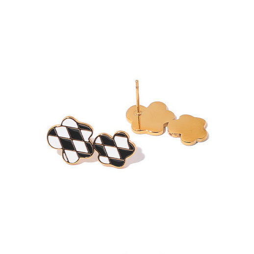 Checkered Double Cloud Stainless Steel Gold Plated Earrings