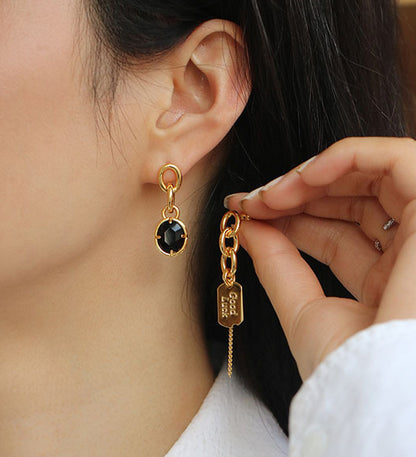 Asymmetrical Black Crystal Chain Earrings