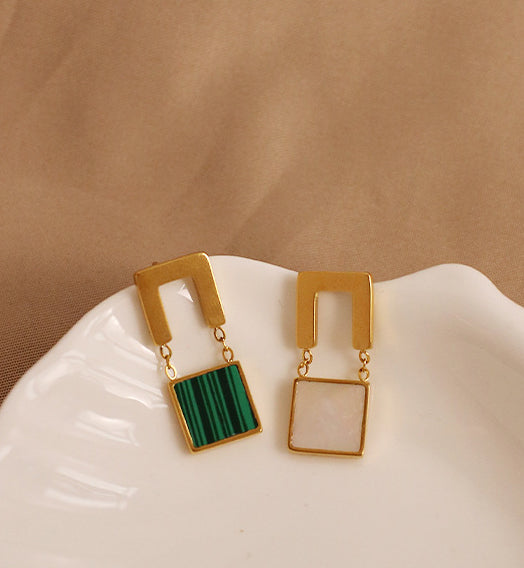 Retro Iridescent Shell Square Dangle Earrings