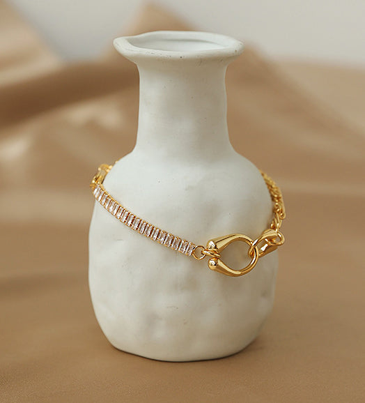 Asymmetrical Chain & Crystal Tennis Gold Bracelet