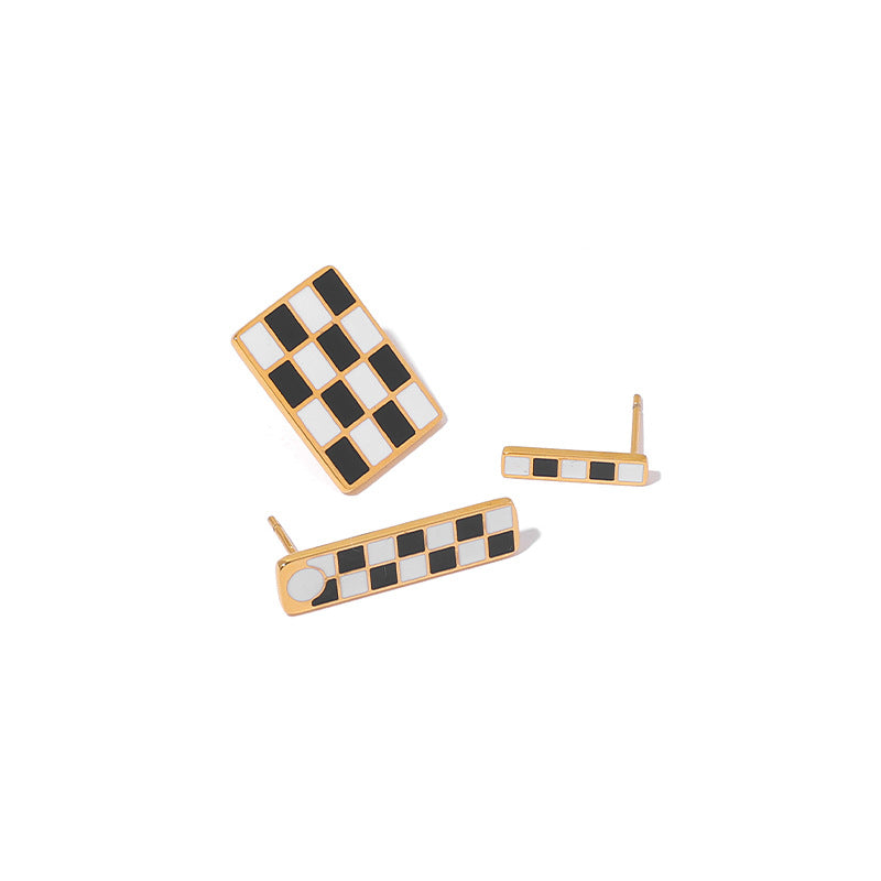 Checkered Stainless Steel Gold Plated Earrings