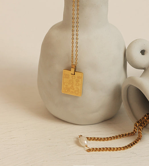 Square Embossed Pendant & Pearl Gold Necklace