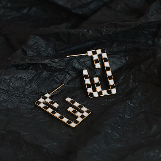 Checkered Open Rectangle Stainless Steel Gold Plated Earrings