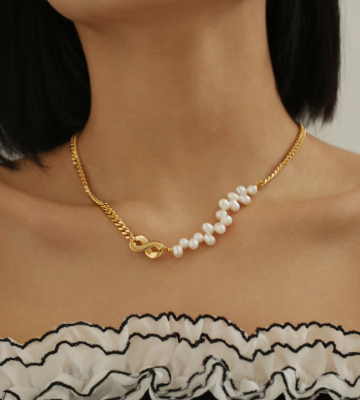 Infinity Charm & Zig Zag Pearls Gold Necklace