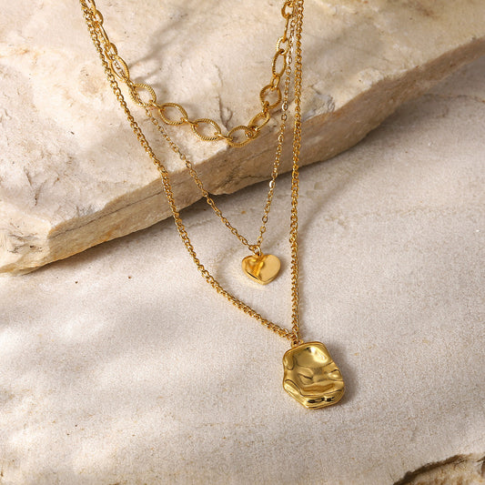 Triple Layered Gold Chain Necklace with Pendants