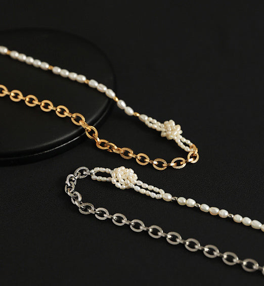 Asymmetrical Gold Chain Pearl Knot Necklace