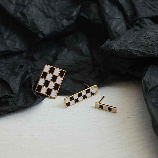 Checkered Stainless Steel Gold Plated Earrings