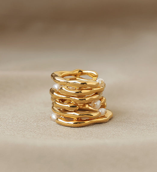 Uneven Double Layered Pearl Gold Ring