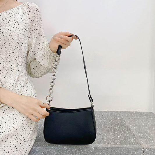 Simplistic Faux Leather Shoulder Bag with Half Chain Strap