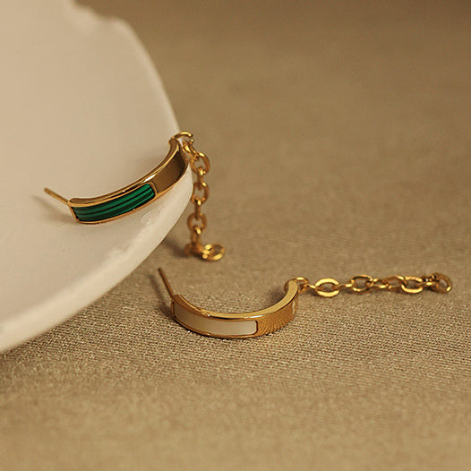 Retro Curve with Chain and Malachite or White Shell Earrings