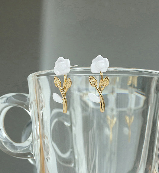 White Rose Gold Leaf Earrings