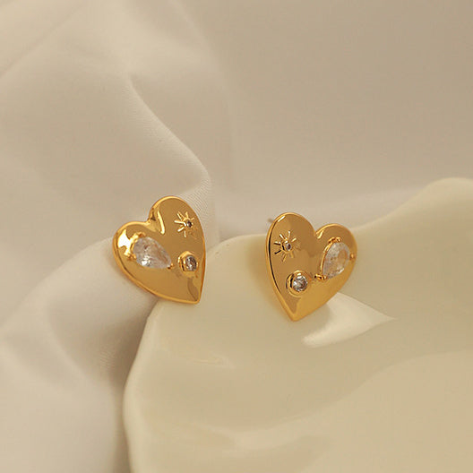 Crystal Embellished Heart 18K Gold Plated Brass Ear Studs