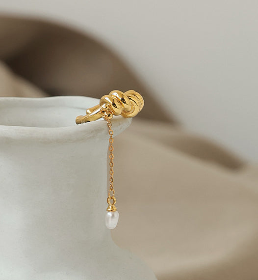 Twist Knot Gold Ear Cuff with Pearl Dangle