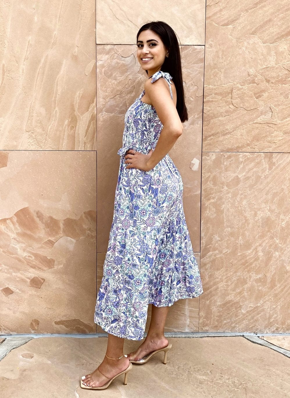 Shirred Tie Shoulder Maxi Dress