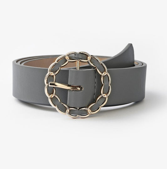 Faux Leather Belt with Round Gold Chain Buckle