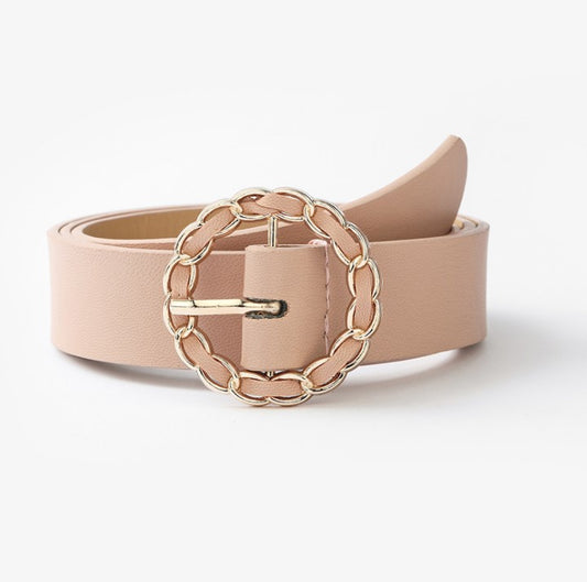 Faux Leather Belt with Round Gold Chain Buckle