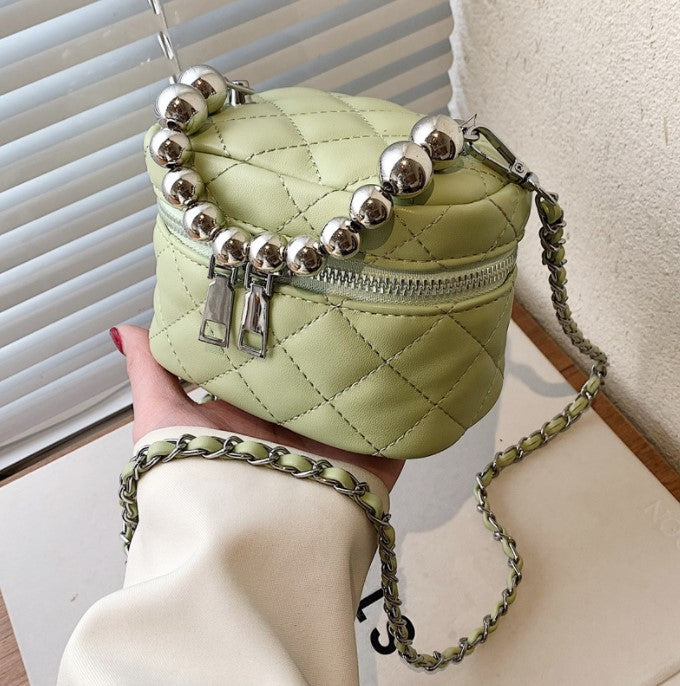 Mini Quilted Crossbody Bucket Bag with Silver Beads Handle