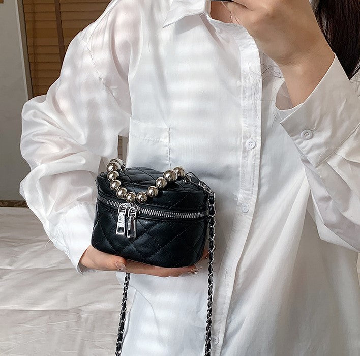 Mini Quilted Crossbody Bucket Bag with Silver Beads Handle