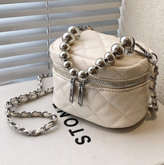 Mini Quilted Crossbody Bucket Bag with Silver Beads Handle