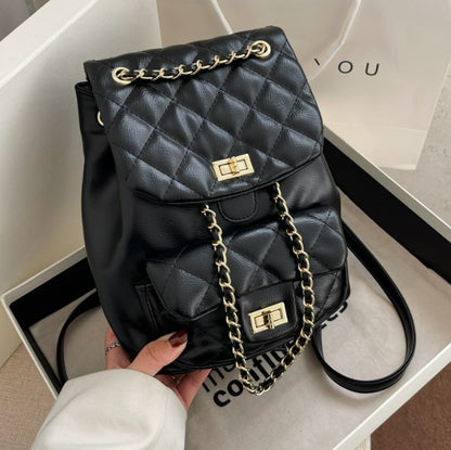 Large Quilted Backpack with Gold Chains and Clasps