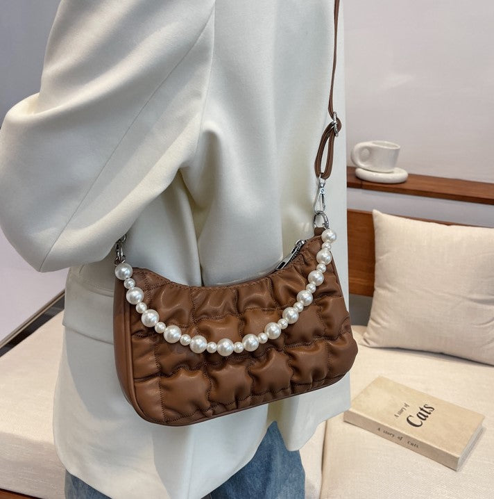 Ruched Quilted Shoulder Bag with Pearl Chain
