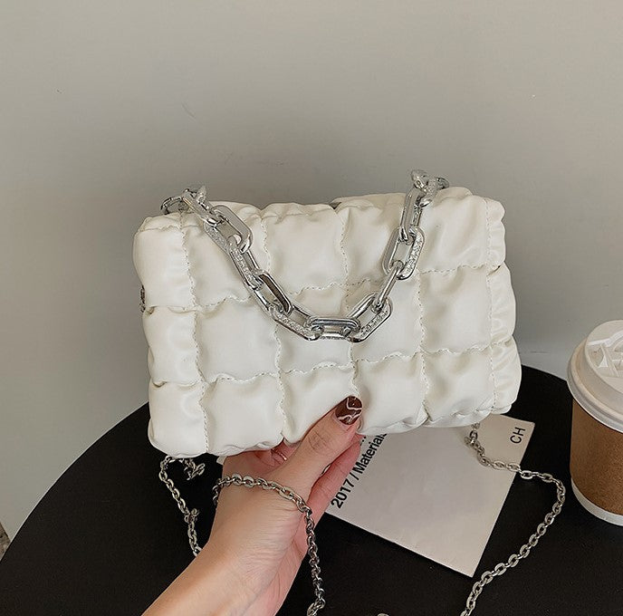 Ruched Quilted Crossbody Bag with Silver Chains