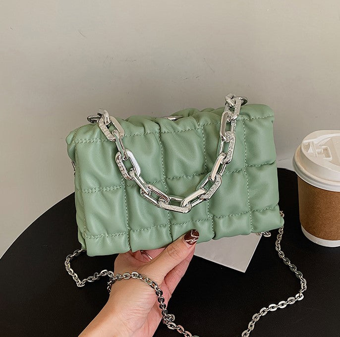 Ruched Quilted Crossbody Bag with Silver Chains