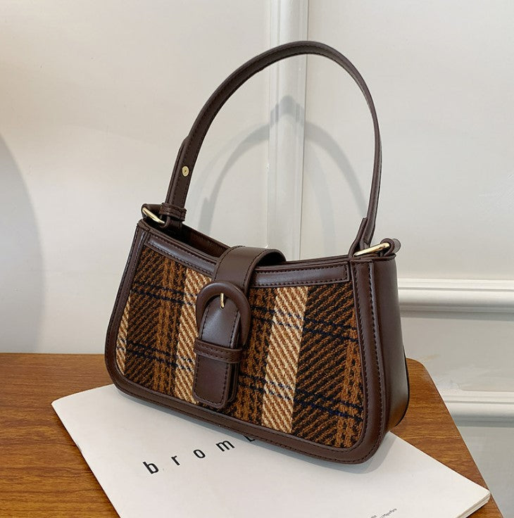 Small Plaid & Tweed Shoulder Bag with Belt Clasp