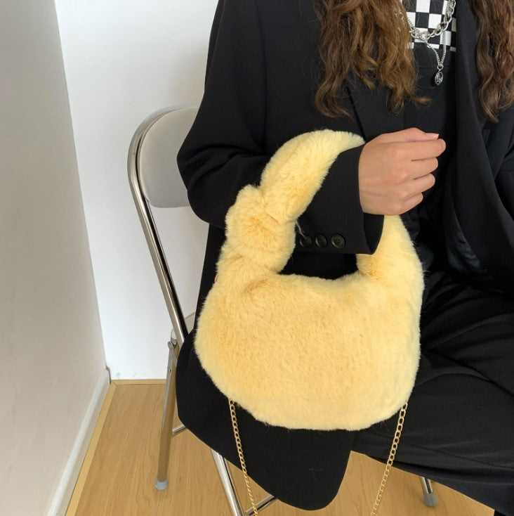 Fluffy Fur Round Basket Bag with Chain Strap