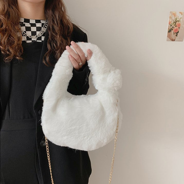 Fluffy Fur Round Basket Bag with Chain Strap