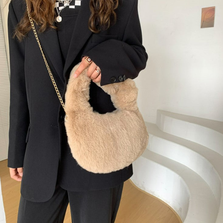 Fluffy Fur Round Basket Bag with Chain Strap