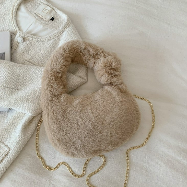 Fluffy Fur Round Basket Bag with Chain Strap