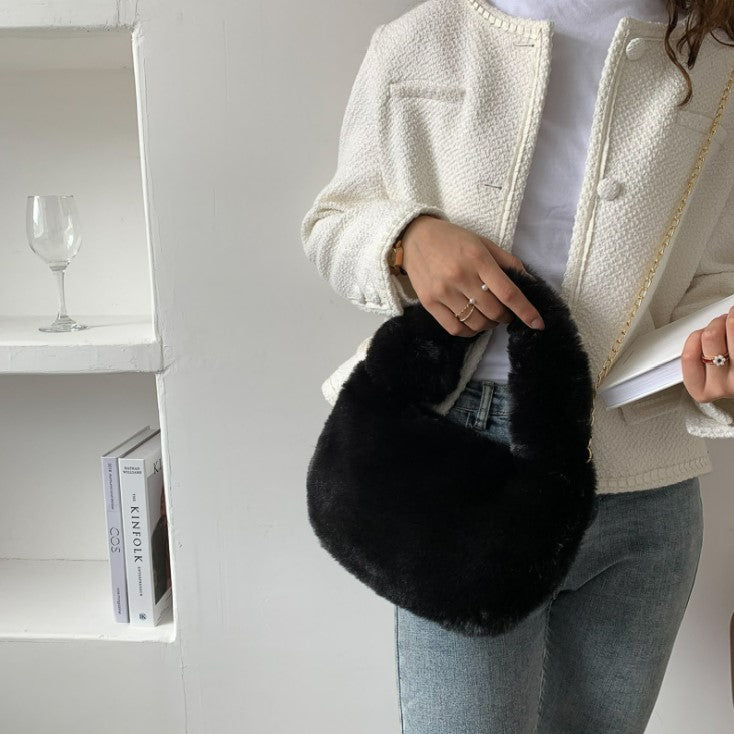 Fluffy Fur Round Basket Bag with Chain Strap