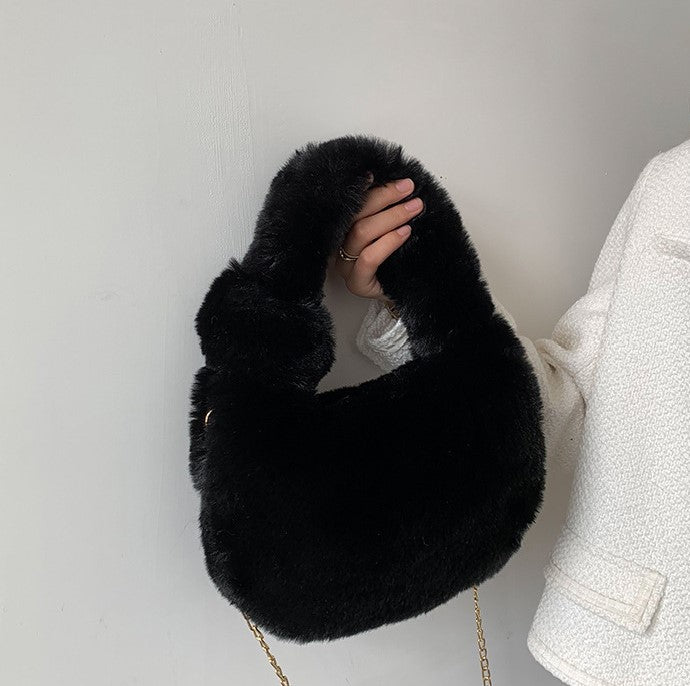 Fluffy Fur Round Basket Bag with Chain Strap