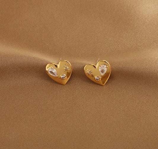 Crystal Embellished Heart 18K Gold Plated Brass Ear Studs