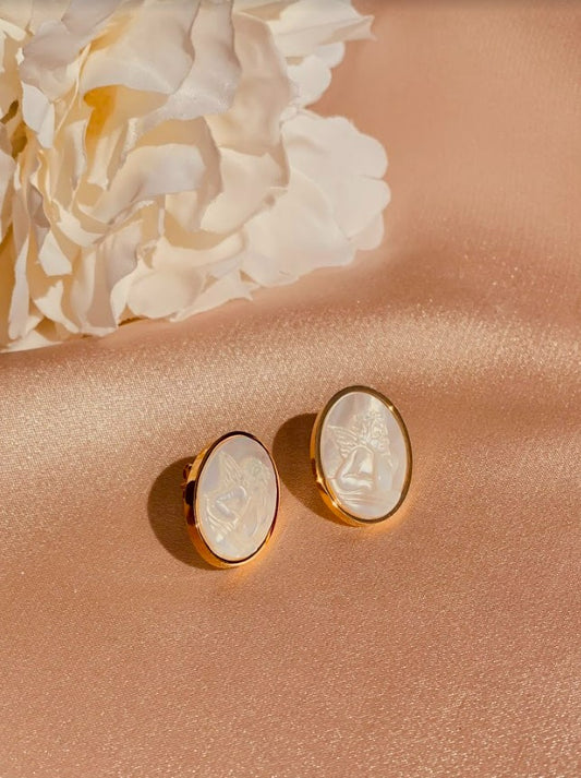 Angel White Iridescent Oval Earrings