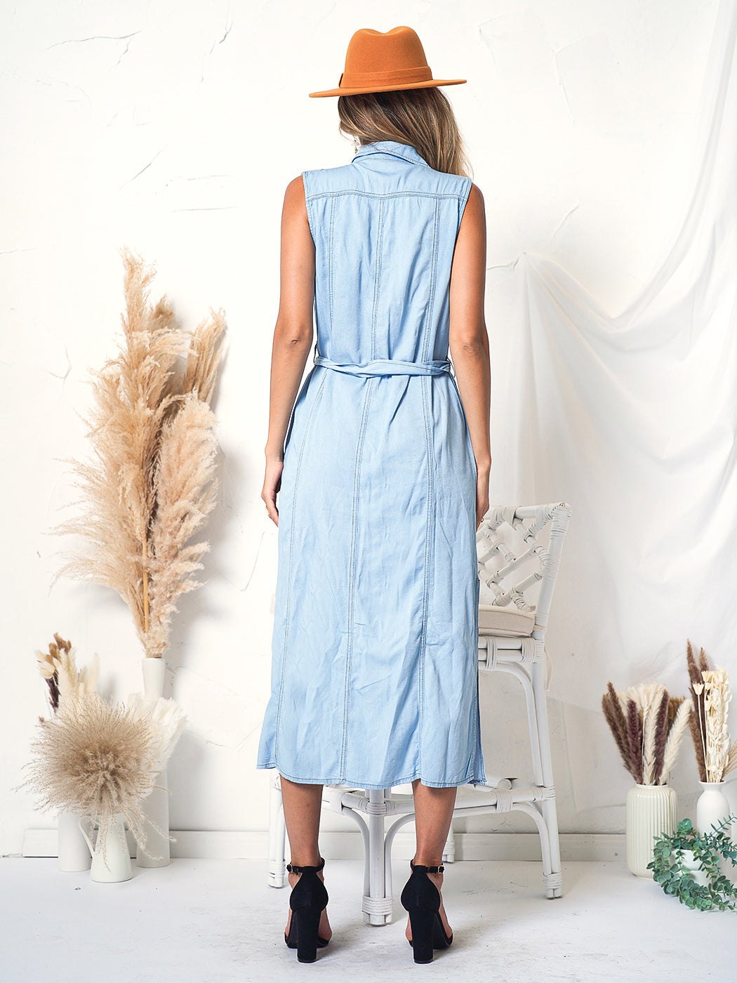 Sleeveless Jean Dress Tied Waist Collar Pocket Denim Dress