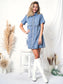 Casual Short Sleeve High Waist Button Down Tiered Denim Shirt Dress